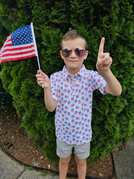 Red, White & Blue Boys Polo ETA early June